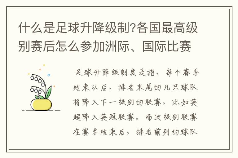 什么是足球升降级制?各国最高级别赛后怎么参加洲际、国际比赛 ？