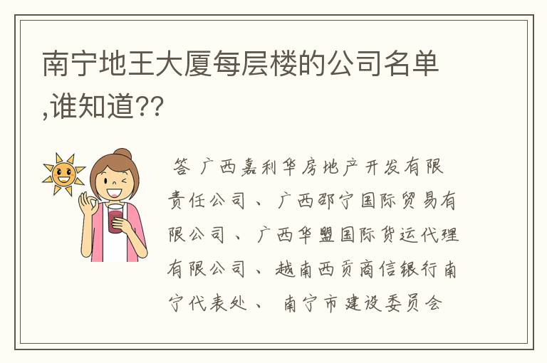 南宁地王大厦每层楼的公司名单,谁知道??