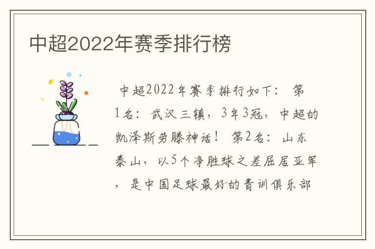 中超2022年赛季排行榜