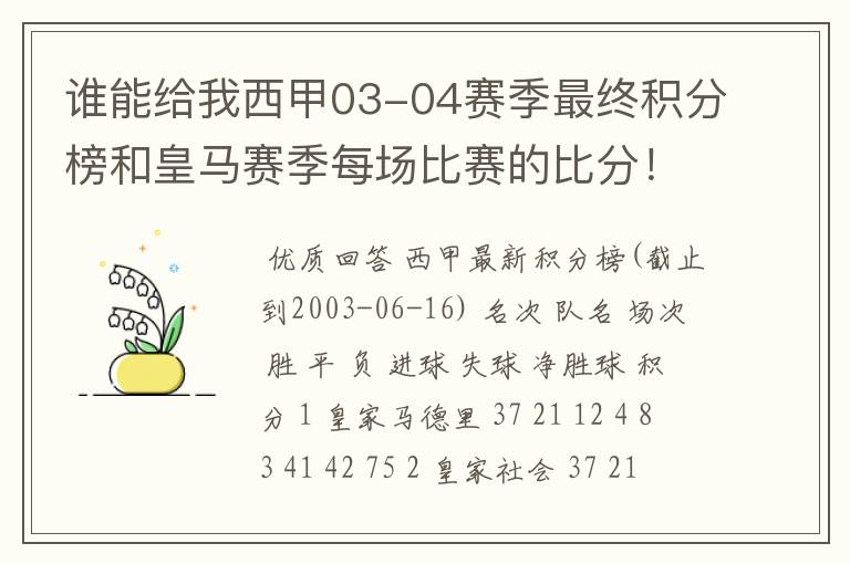 谁能给我西甲03-04赛季最终积分榜和皇马赛季每场比赛的比分！