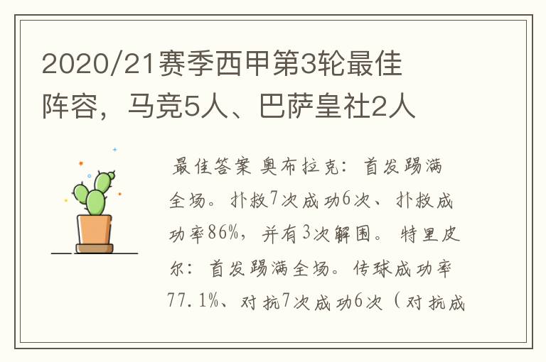 2020/21赛季西甲第3轮最佳阵容，马竞5人、巴萨皇社2人