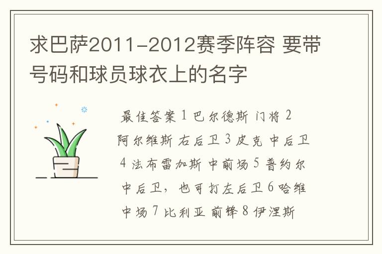 求巴萨2011-2012赛季阵容 要带号码和球员球衣上的名字