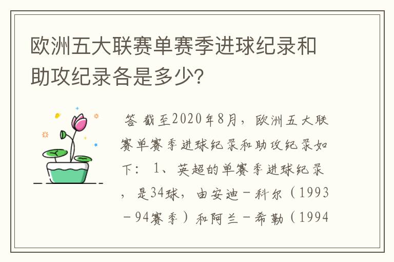 欧洲五大联赛单赛季进球纪录和助攻纪录各是多少？