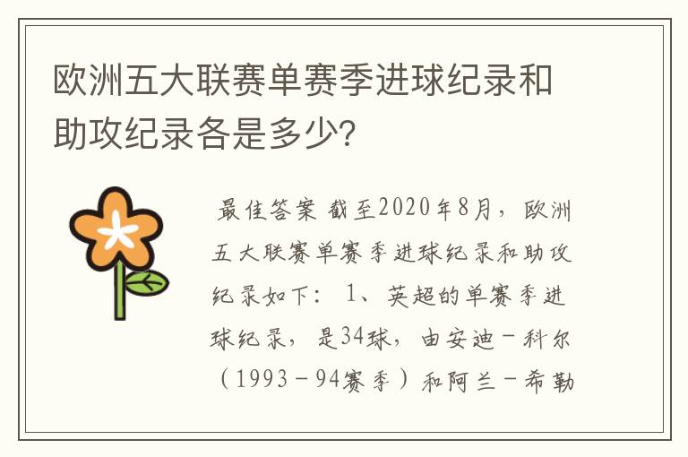 欧洲五大联赛单赛季进球纪录和助攻纪录各是多少？