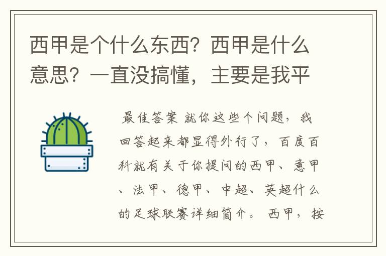 西甲是个什么东西？西甲是什么意思？一直没搞懂，主要是我平时基本不看西甲呀，足球什么的。ASD