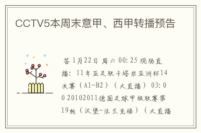 CCTV5本周末意甲、西甲转播预告