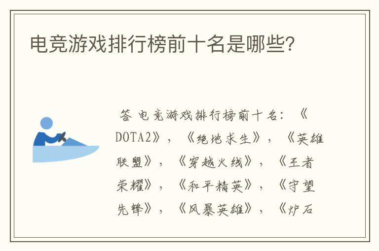 电竞游戏排行榜前十名是哪些？