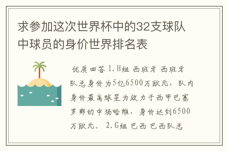 求参加这次世界杯中的32支球队中球员的身价世界排名表