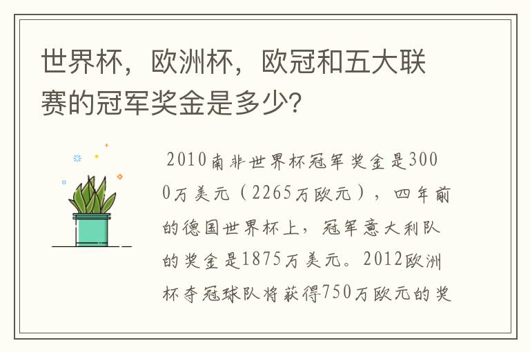 世界杯，欧洲杯，欧冠和五大联赛的冠军奖金是多少？