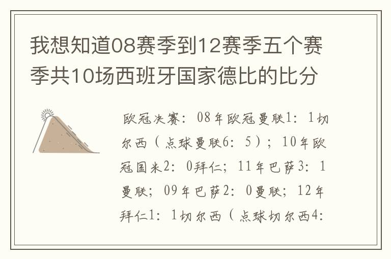 我想知道08赛季到12赛季五个赛季共10场西班牙国家德比的比分，每场的比分 还有这五个赛季欧冠决赛的.