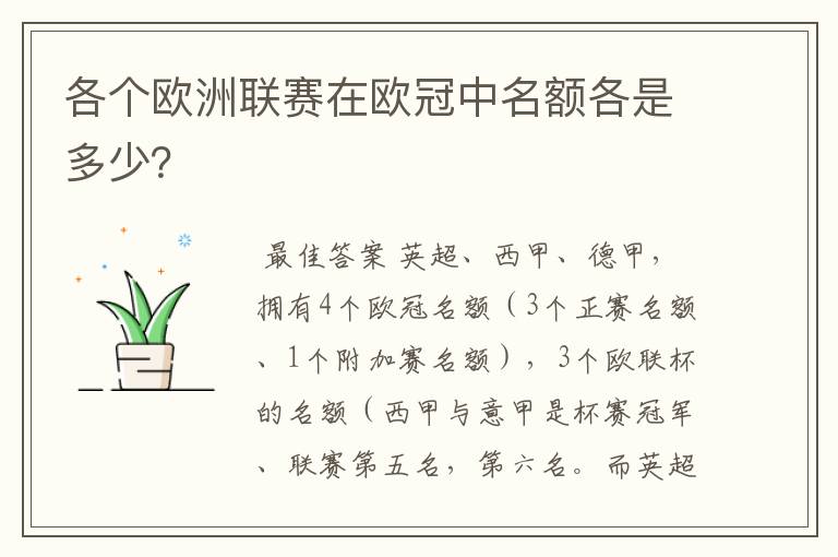 各个欧洲联赛在欧冠中名额各是多少？