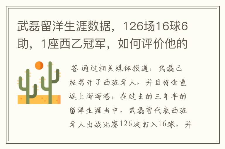 武磊留洋生涯数据，126场16球6助，1座西乙冠军，如何评价他的表现？