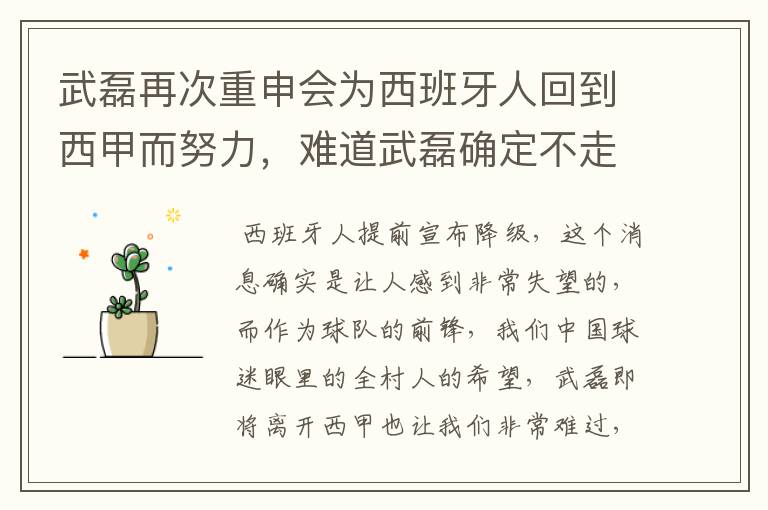 武磊再次重申会为西班牙人回到西甲而努力，难道武磊确定不走了？