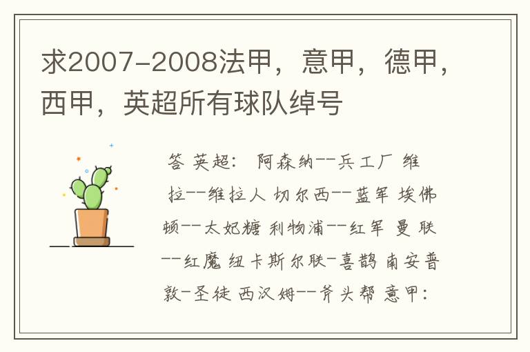 求2007-2008法甲，意甲，德甲，西甲，英超所有球队绰号