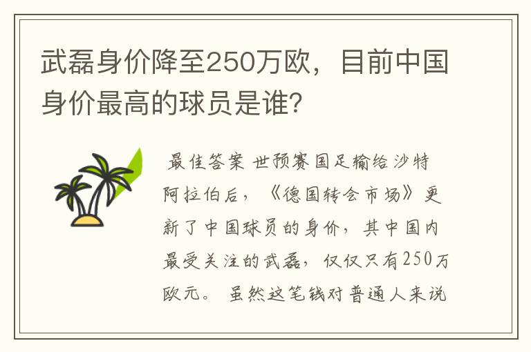 武磊身价降至250万欧，目前中国身价最高的球员是谁？