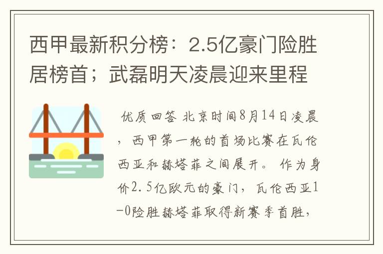 西甲最新积分榜：2.5亿豪门险胜居榜首；武磊明天凌晨迎来里程碑