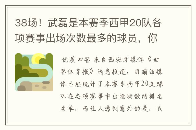 38场！武磊是本赛季西甲20队各项赛事出场次数最多的球员，你怎么看？