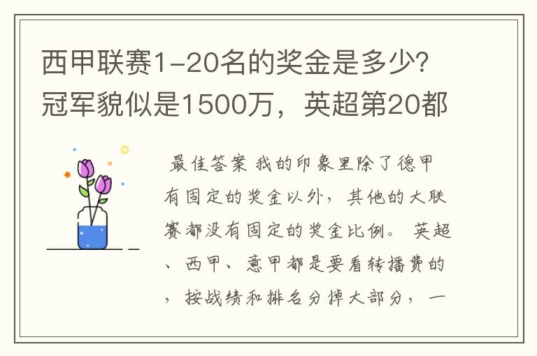 西甲联赛1-20名的奖金是多少？冠军貌似是1500万，英超第20都是4000万呀！