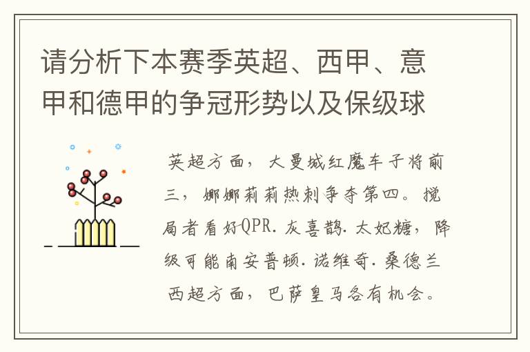 请分析下本赛季英超、西甲、意甲和德甲的争冠形势以及保级球队与搅局球队，形式往大了说，说说看？