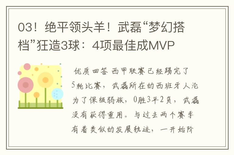 03！绝平领头羊！武磊“梦幻搭档”狂造3球：4项最佳成MVP