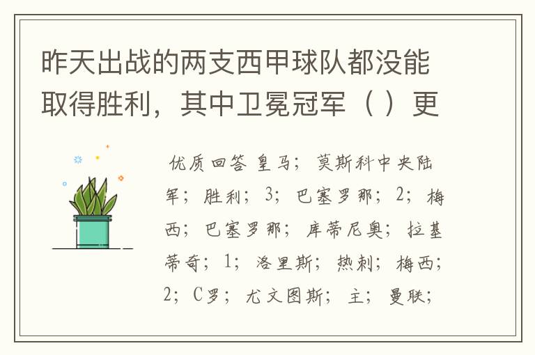 昨天出战的两支西甲球队都没能取得胜利，其中卫冕冠军（ ）更是在客场0:（ ）负于（ ）