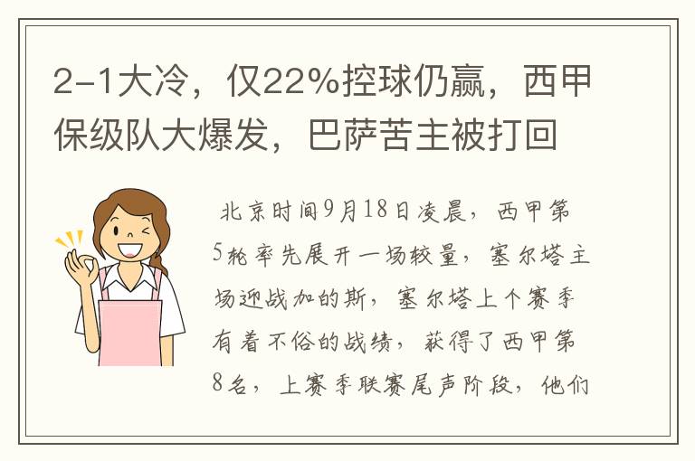 2-1大冷，仅22%控球仍赢，西甲保级队大爆发，巴萨苦主被打回原形