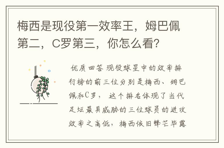 梅西是现役第一效率王，姆巴佩第二，C罗第三，你怎么看？