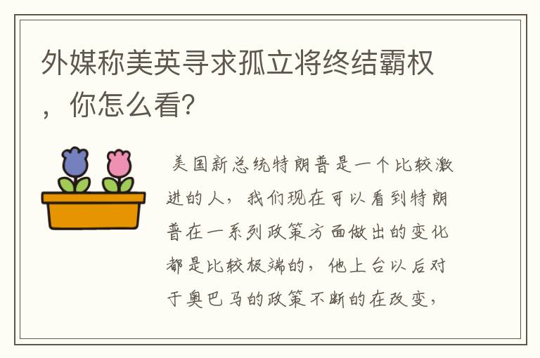 外媒称美英寻求孤立将终结霸权，你怎么看？