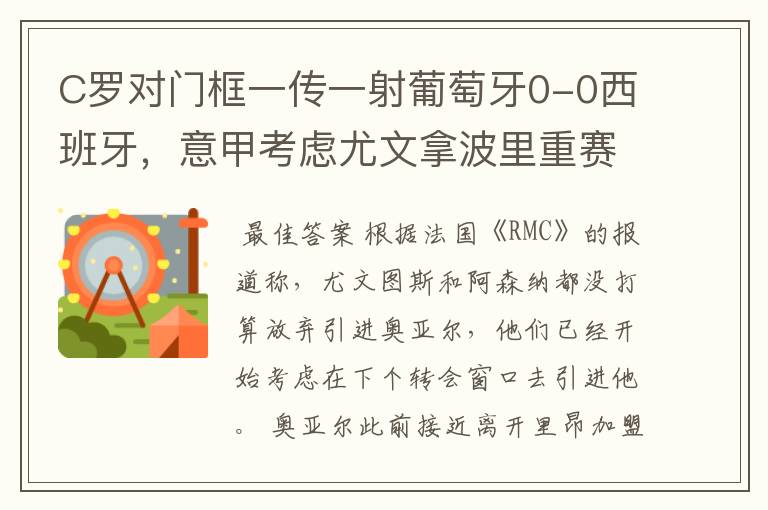 C罗对门框一传一射葡萄牙0-0西班牙，意甲考虑尤文拿波里重赛