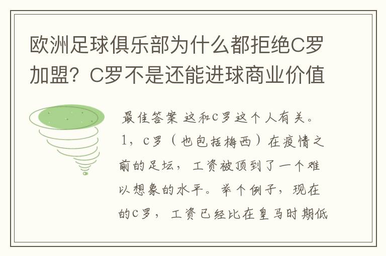 欧洲足球俱乐部为什么都拒绝C罗加盟？C罗不是还能进球商业价值也很高吗？