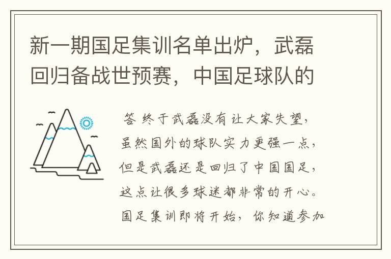 新一期国足集训名单出炉，武磊回归备战世预赛，中国足球队的整体实力如何？