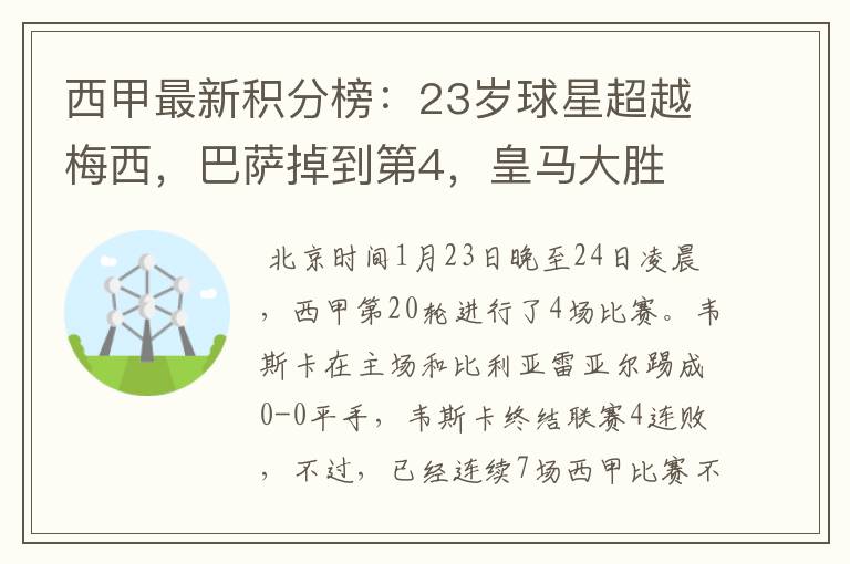 西甲最新积分榜：23岁球星超越梅西，巴萨掉到第4，皇马大胜