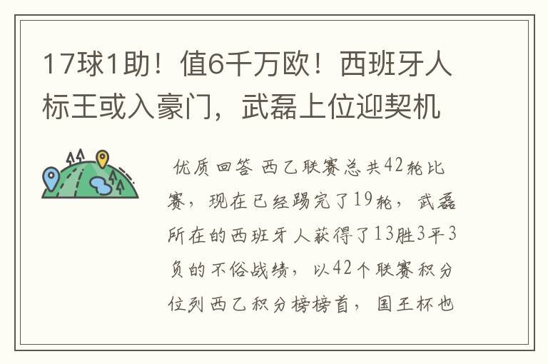 17球1助！值6千万欧！西班牙人标王或入豪门，武磊上位迎契机