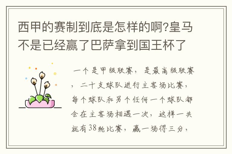 西甲的赛制到底是怎样的啊?皇马不是已经赢了巴萨拿到国王杯了吗?为什么还有比赛啊