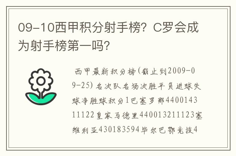 09-10西甲积分射手榜？C罗会成为射手榜第一吗？