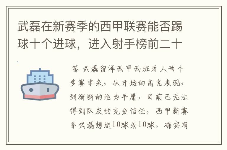 武磊在新赛季的西甲联赛能否踢球十个进球，进入射手榜前二十？