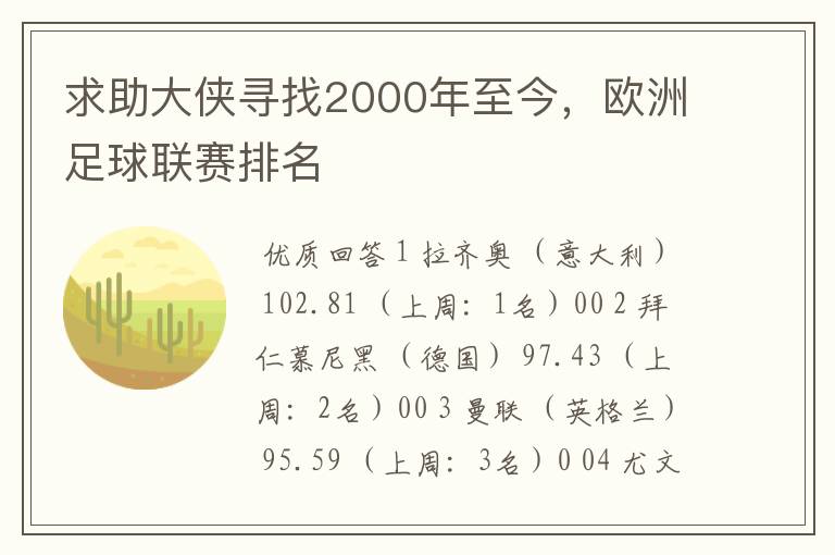 求助大侠寻找2000年至今，欧洲足球联赛排名