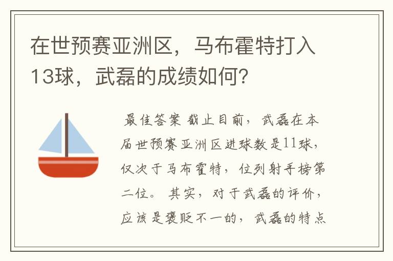 在世预赛亚洲区，马布霍特打入13球，武磊的成绩如何？