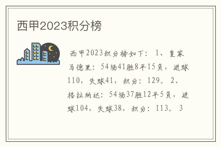 西甲2023积分榜