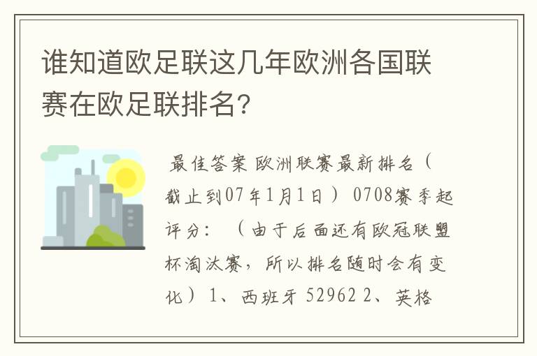 谁知道欧足联这几年欧洲各国联赛在欧足联排名?