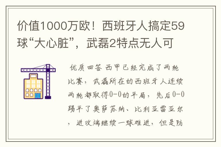 价值1000万欧！西班牙人搞定59球“大心脏”，武磊2特点无人可替