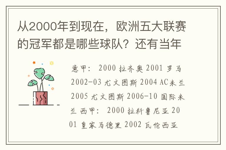 从2000年到现在，欧洲五大联赛的冠军都是哪些球队？还有当年的欧冠冠军。