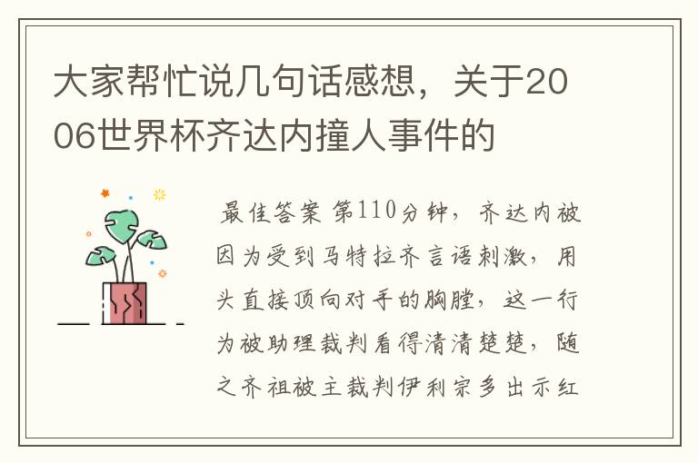 大家帮忙说几句话感想，关于2006世界杯齐达内撞人事件的