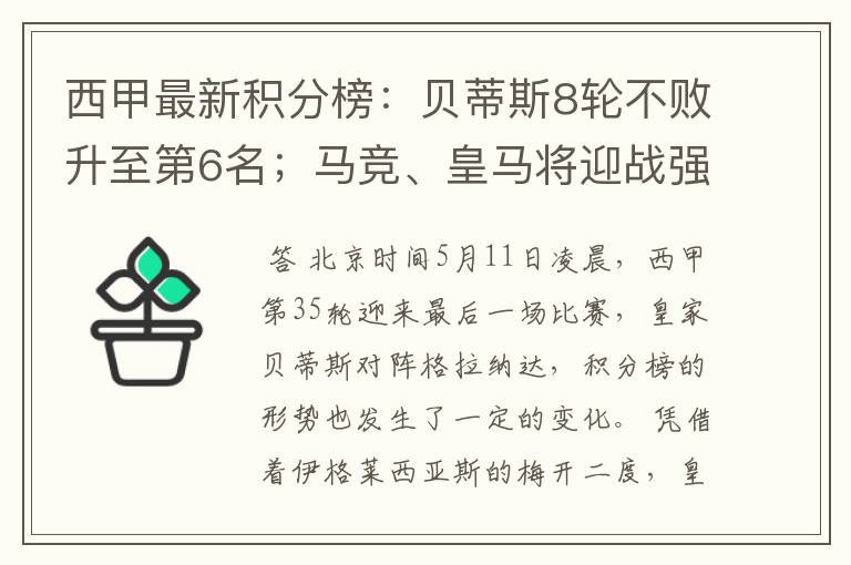 西甲最新积分榜：贝蒂斯8轮不败升至第6名；马竞、皇马将迎战强敌