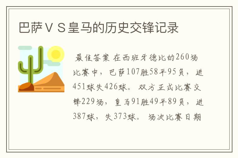 巴萨ＶＳ皇马的历史交锋记录