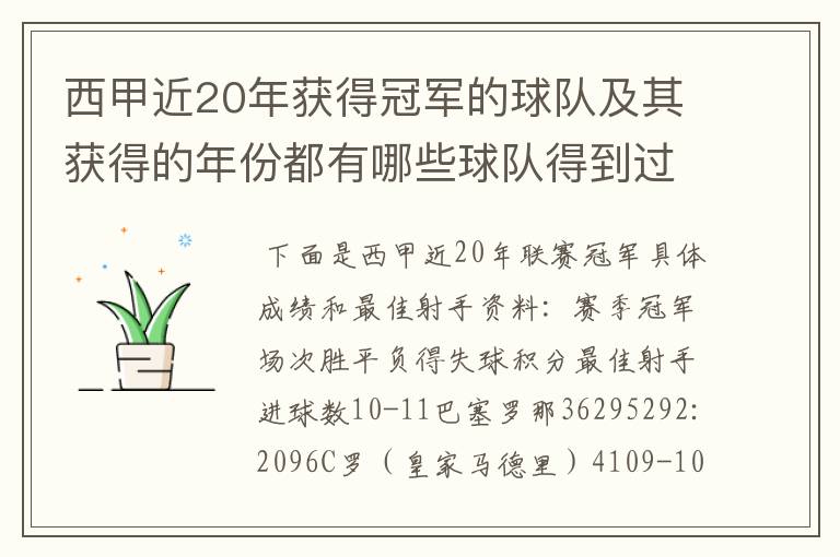 西甲近20年获得冠军的球队及其获得的年份都有哪些球队得到过意大利