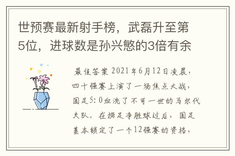 世预赛最新射手榜，武磊升至第5位，进球数是孙兴慜的3倍有余