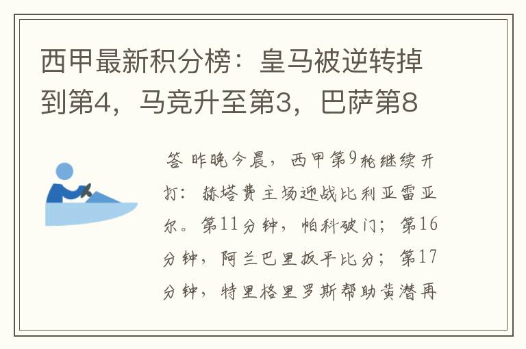 西甲最新积分榜：皇马被逆转掉到第4，马竞升至第3，巴萨第8