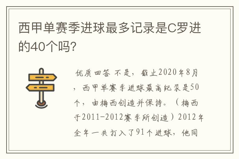 西甲单赛季进球最多记录是C罗进的40个吗？