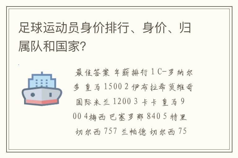 足球运动员身价排行、身价、归属队和国家？